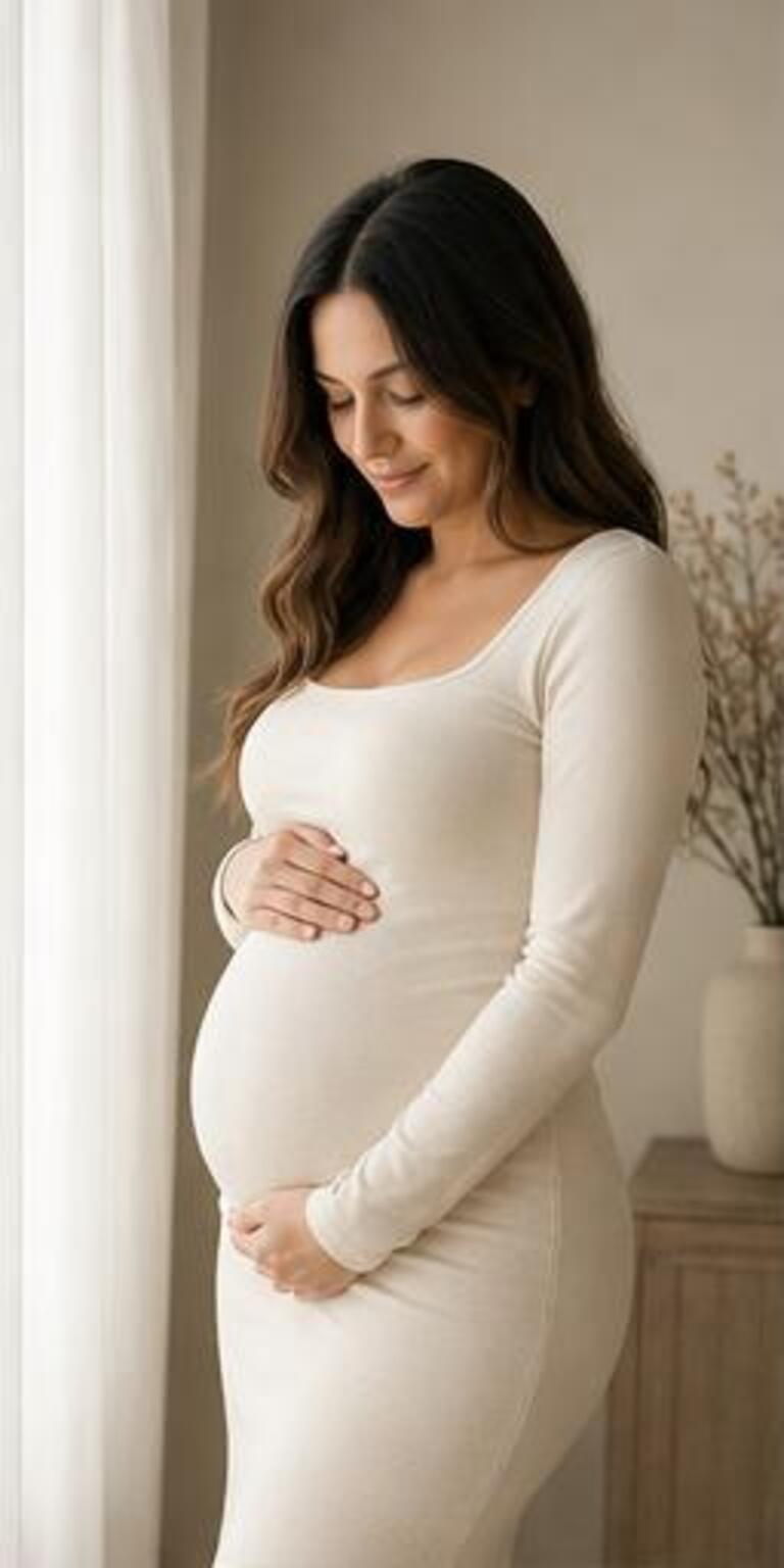 Month 3 — The Beginning, illustrative maternity portrait journey concept