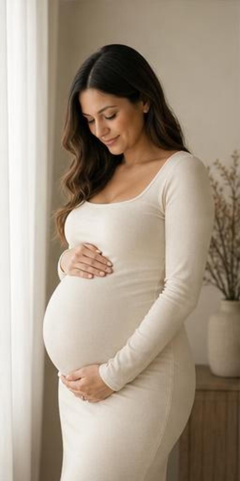 Month 7 — Anticipation, illustrative maternity portrait journey concept