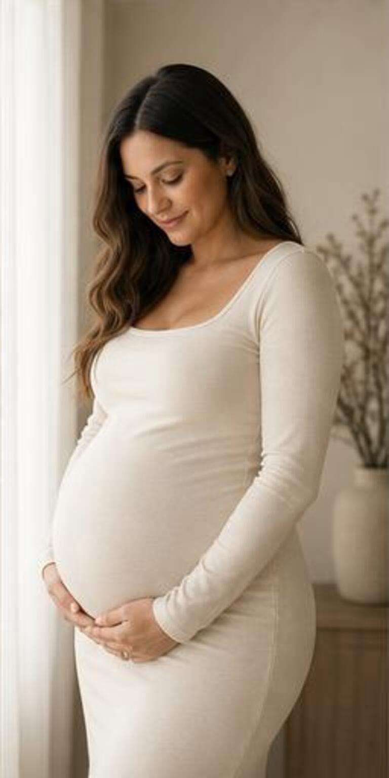 Month 8 — The Glow, illustrative maternity portrait journey concept
