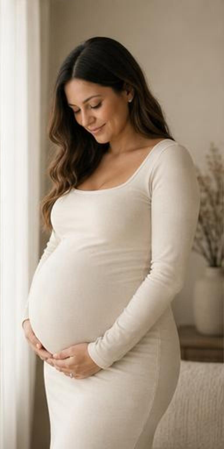 Month 9 — Almost Here, illustrative maternity portrait journey concept